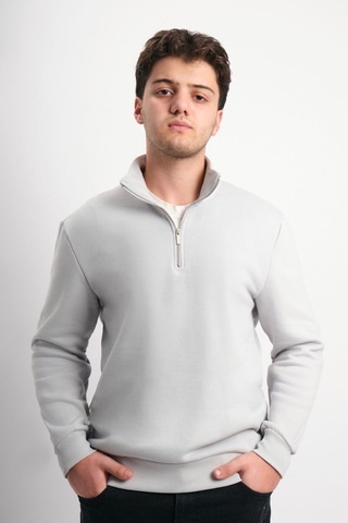 We&me Regular Fit Yarım Fermuarlı Dik Yaka Basic Sweatshirt Gri