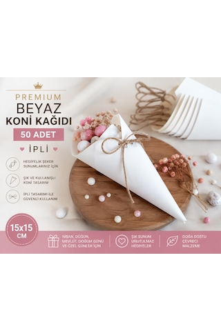 Premium Beyaz Koni Kağıdı 50 Adet İpli Hediyelik İkram Ve Şeker Sunum Külahı