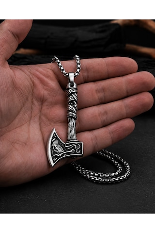 Paslanmaz Çelik Iskandinav Norse Gotik Tarz Viking Balta Erkek Kolye Antik Gümüş