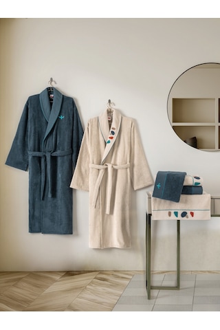 Cotton Box Puff Nakışlı Aile Bornoz Seti Gaja Bej-petrol Diğer