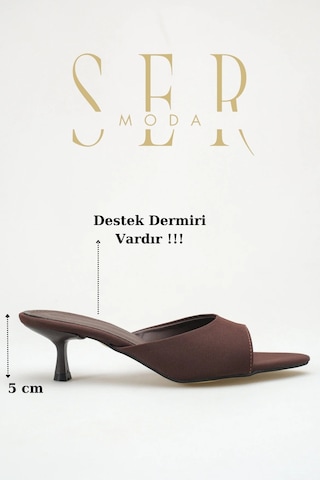 Sermoda Topuklu Kadın Terlik - 5 Cm İnce Topuklu Sivri Burun Kadın Terlik Saten Kahve