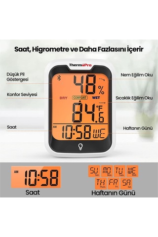 ThermoPro TP358 Telefon Kontrollü, Saatli, Takvimli, İç Mekan Sıcaklık ve Nem Ölçer Termometre