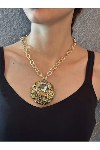 Kristal Taşlı Madalyon Kadın Kolye 22 Cm Renkli