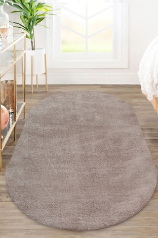 Vl Yuvarlak Comfort Ponpon Saçaklı Peluş Post Halı Kahverengi Halı Kahverengi Overloklu Oval