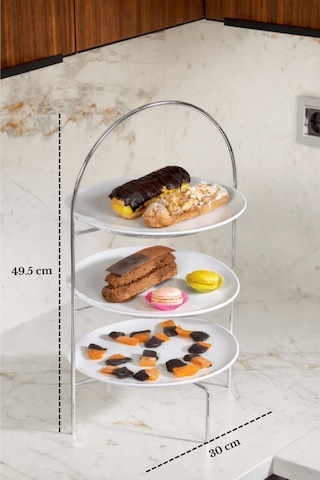 Parlak Silver 3 Katlı Pasta Kurabiye İkramlık Sunum Standı Dekoratif Servislik Gümüş