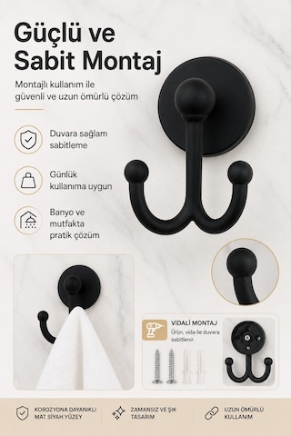 Alper Banyo Mat Siyah Askılık Yapışkanlı Ve Vidalı Montaj
