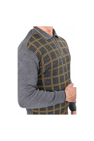 Kamalı Yakalı Baba Kazak Çizgili Baba Kazak Baba Triko Yakalı Erkek Kazak Polo Yaka Gri