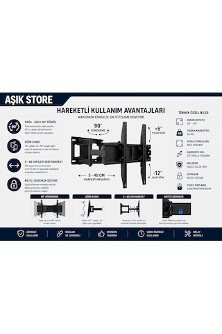 Hareketli Tv Askı Aparatı 39 65" Vesa 400 400 50 Kg