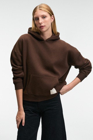 ETHIQUET C ARIE Kadın Organik Pamuklu Oversize Kanguru Cepli Kapüşonlu Kahverengi Sweatshirt