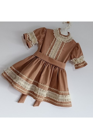 Kız Bebek Kahverengi Vintage Fistolu Elbise Karamel