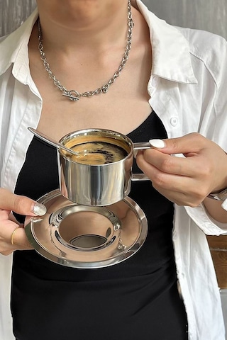 Çelik 2 Adet 3 Parça 200 Ml Çift Cidar Espresso Kahve Fincan Seti Sunum Bardağı Gri