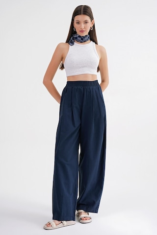 4682 Kadın Beli Lastikli Jogger Bol Keten Pantolon Lacivert Lacivert