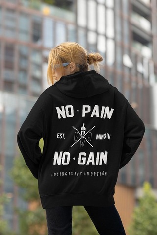 Sevbano No Pain No Gain Baskılı Unisex Oversize Fitness Gym Hoodie Siyah