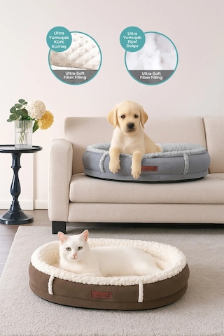 Kürk Peluş Ortopedik Kedi Köpek Evcil Hayvan Yatağı Patichill Yıkanabilir Simba Gri