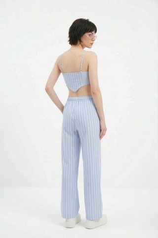 Holly Lolly Beli Lastikli Çizgili Harmony Poplin Pantolon Mavi