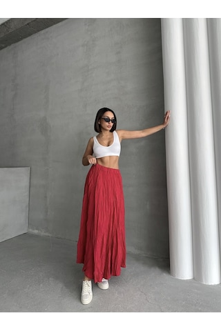 Kadın Buruşuk Modal Dokulu Soft Uzun Etek Kırmızı