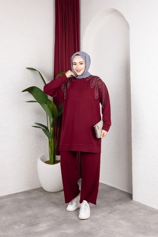 Hira Life Fashion Moda Efsa Kadın Bordo Tesettür Giyim Zarif Taş Detaylı Tunik & Pantolon İkili Takım Bordo Bordo