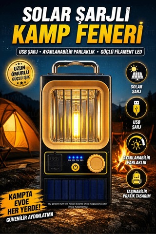 Solar Şarjlı Kamp Feneri Usb Şarjlı Dimmerli Filament Led Taşınabilir Kamp Lambası Acil Durum Aydınl Çok Renkli