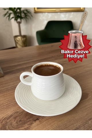 6 Kişilik Porselen Kahve Fincan Takımı, Dalga Desenli, Bakır Cezve Hediyeli, Beyaz Porselen Fincan Seti Diğer
