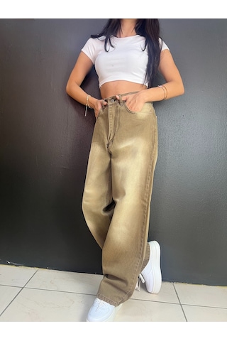 St.poll Vintage Eskitme Yıkama Unisex Baggy Jean Pantolon Vintage Vizon