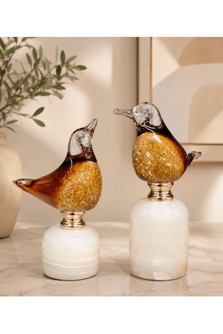 2'li Üfleme Cam Dekoratif Kuş Biblo Beyaz Kaideli Amber Renkli El Yapımı Masaüstü Süs Objesi 17-21 Cm .