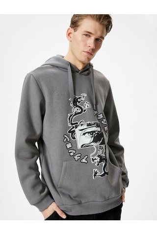 Koton Arkası Baskılı Hoodie Uzakdoğu Temalı Kanguru Cep Detaylı Gri 4wam70252mk Gri