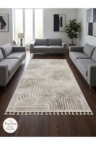 Kaymaz Taban Krem Bej Modern Desenli Yıkanabilir Saçaklı Salon Oturma Odası Mutfak Halı Yolluk