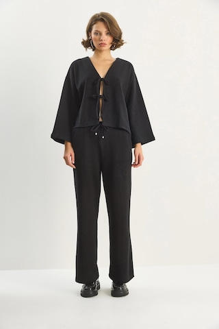 Shade Kadın Bağlama Detaylı Kimono Yüksek Bel Bol Pantolon Selanik Takım 7028 60283640 - Siyah