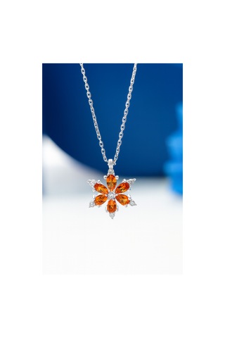 Çekirdekjewelry 925 Ayar Gümüş Turuncu Taşlı Çiçek Kolye Gri
