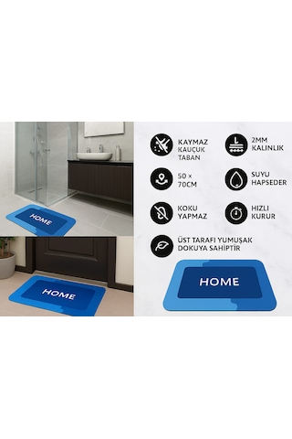 Nobera Kaymaz Tabanlı Süper Emici Paspas 50x70 Cm Mavi Mavi