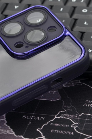 İphone 14 Pro Max Uyumlu Mor Kenarlı Renkli Yarı Şeffaf Kapak Kılıf Kamera Lens Korumalı Mor