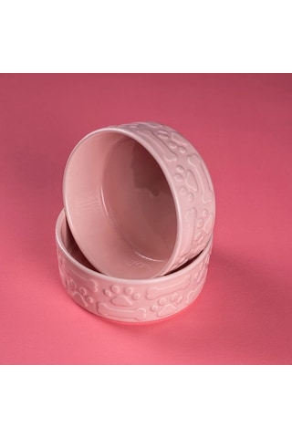 Pembe Kedi Köpek Mama Kabı 2li Seramik Kabartmalı Kedi Köpek Mama Ve Su Kabı 13.5 Cm 500ml