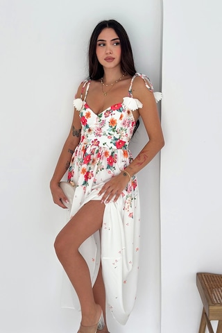 Asprin Fashion Çiçek Desenli Elbise İthal Krep Kumaş Beyaz Beyaz