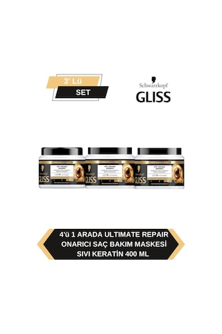 Gliss 4'ü 1 Arada Onarıcı & Yeniden Yapılandırıcı Saç Bakım Maskesi Ultimate Repair 3 x 400 ML