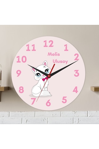 Çocuklara Özel Kedi Tasarımlı Duvar Cam Saati Beyaz