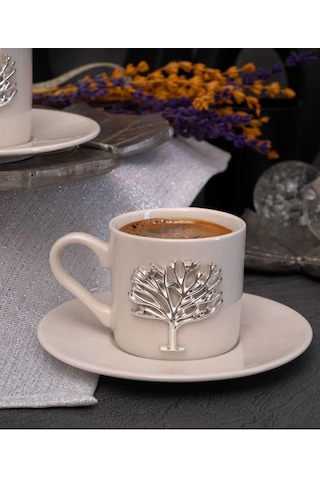 6 Kişilik 12 Parça Porselen Hayat Ağacı Gümüş Kahve Fincan Takımı