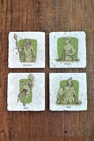 Doğal Taş Bardak Altlığı 4'lü Set 10x10x1 Cm Hellenic Mitoloji Heykel Görselleri-stone Coasters Çok Renkli