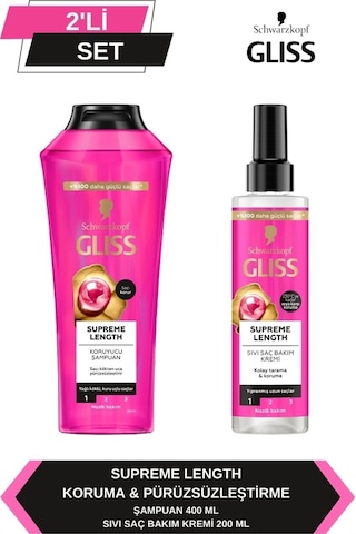 Gliss Supreme Length Uzun Saçlara Özel Şampuan 400 ML + Durulanmayan Sıvı Saç Kremi 200 ML