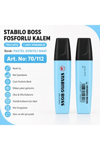 Boss Fosforlu Kalem 1 Adet Metin İşaretleme Kalemi Gök Mavisi