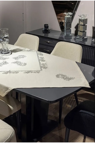 Doğal Pamuk Keten Kare Masa Örtüsü - 155x155 Cm, El Baskılı Şık T