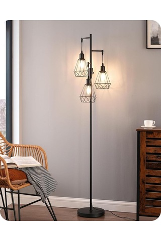 Edishine 3 Başlıklı Dimlenebilir Retro Ayaklı Lamba E27 Led, Kafes Şapkalı, 166 Cm Lambader Siyah Diğer