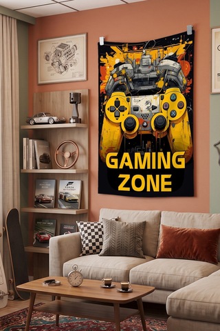 Gaming Zone Duvar Örtüsü, Oyuncu Odası Dekoru, Gamer Baskılı Kumaş Duvar Halısı Beyaz