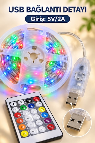 Usb Bağlantılı 10 Metre Rgb Led Işık Çok Renkli