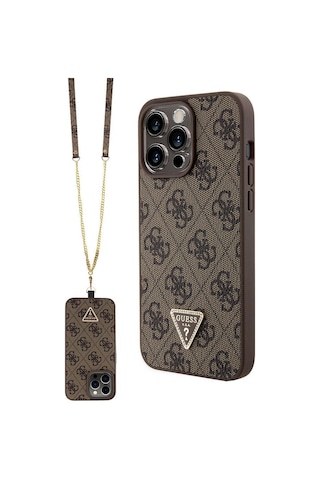 Apple Uyumlu iPhone 15 Pro Max Kılıf Guess Lisanslı Pu Deri Askılı Taşlı Üçgen Logo 4g Strass Crossbody
