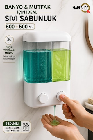 Mainshop 1 Adet Yapışkanlı Duvara Monte Mutfak Manuel Sıvı Sabunluk Çift Bölmeli 1000 Ml Doldurulabilir M-55 Beyaz
