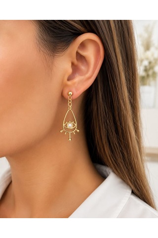Cm Jewelry Göz Ve İnci Detaylı Gold Çelik Küpe Altın
