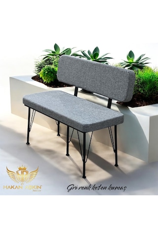 By Hakan Aşkın Siyah Metal Ayaklı Metal Alt Kasalı Keten Orta Ton Gri 2025 Sırtlı Bench Bank Gri Keten