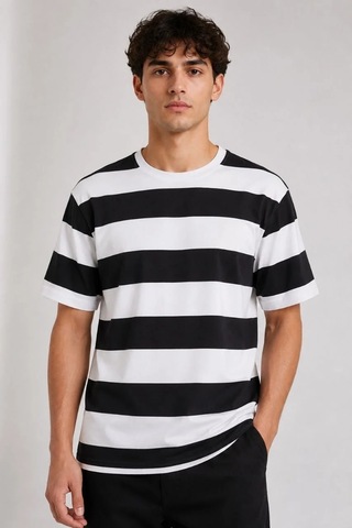 Tarz Yeri Erkek Çizgili Oversize Tişört Bisiklet Yaka Kısa Kol Yazlık T-shirt - Siyah