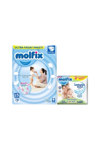 Molfix Bebek Bezi 5 Numara Junior Ultra Fırsat Paketi 78 Adet + İzotonik Sulu Mendil