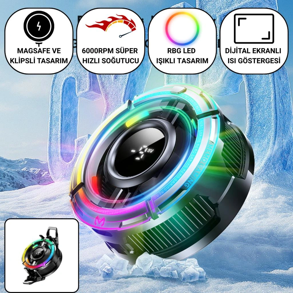 Coofbe Gösteregeli 6000 Rpm Turbo Fan Işıklı Klipsli Buz Etkili Telefon Soğutucu Radyatör Tüm Telefonlara Uyumlu